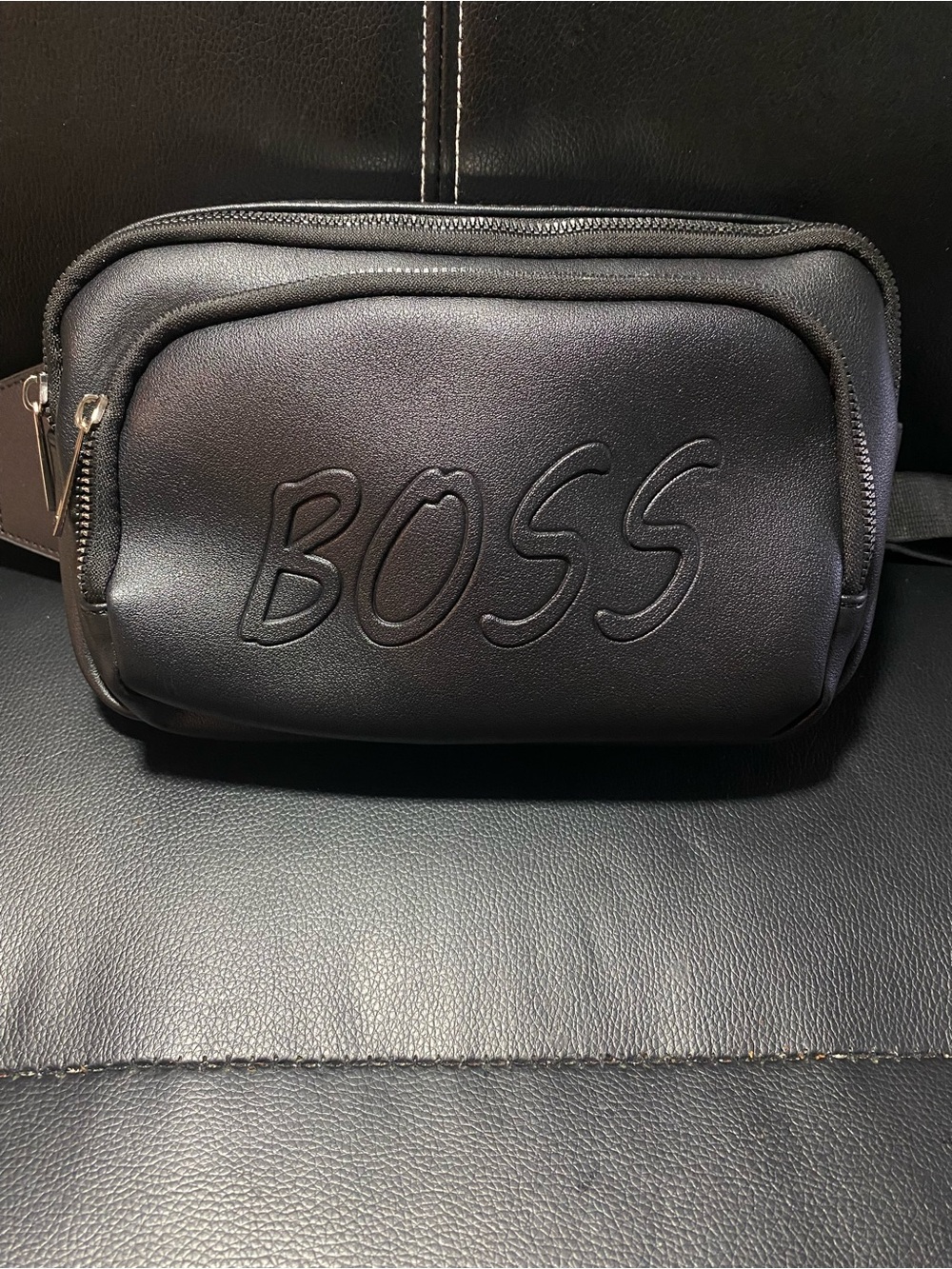 NEW🎉 BOSS Embossed Black Leather Belt Bag Fanny Pack - Picture 2 of 9
